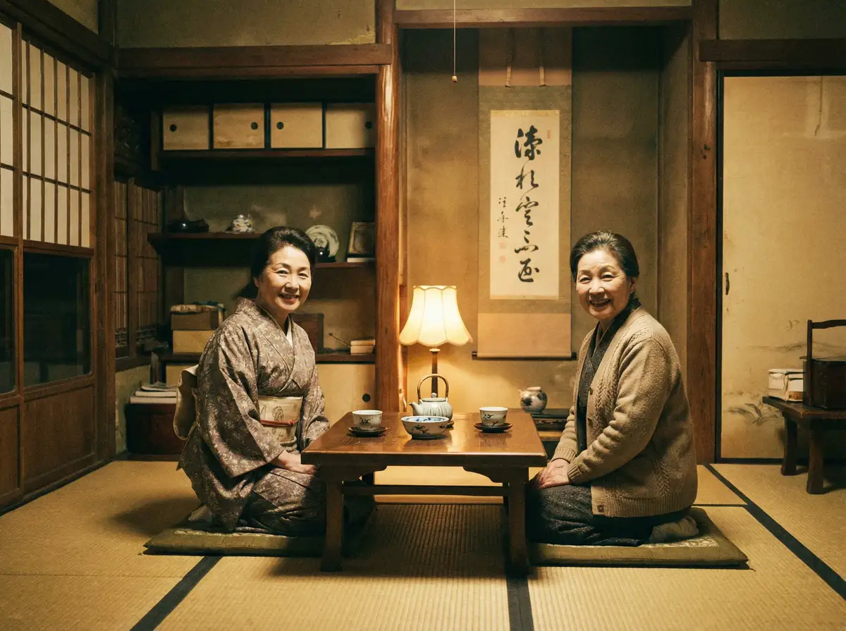 两位优雅的 苹果体育平台 在日式茶室中品茶交谈